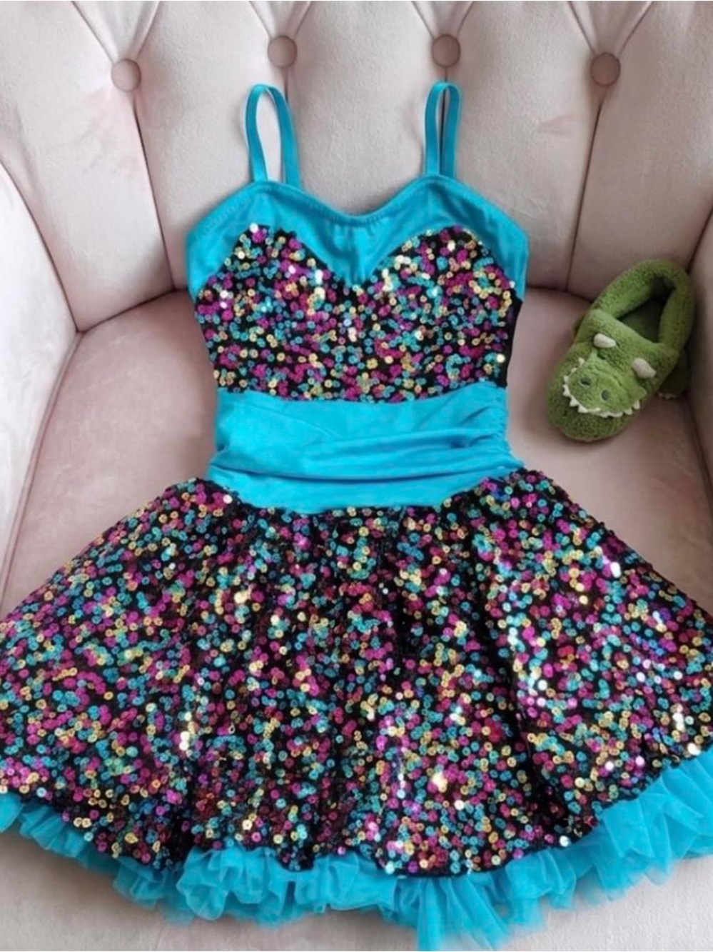 Macy's Turquoise Sequin Party Dress with Multicolor Sequins